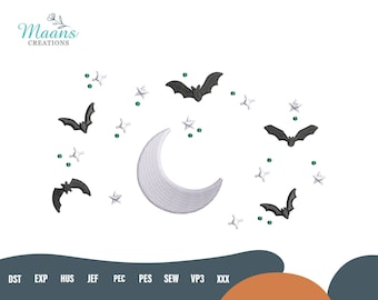 Halloween Bat Embroidery Design, Moon and Flying Bats Machine Embroidery File, Gothic Moon Embroidery Pattern, PES DST Instant Download