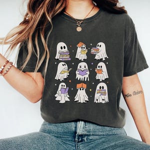 Comfort Colors® Ghost Reading Shirt, Halloween Book Lover Crewneck Tee, Bookish Fall Shirt, Teacher Librarian Gift, Spooky Ghost Book Shirt