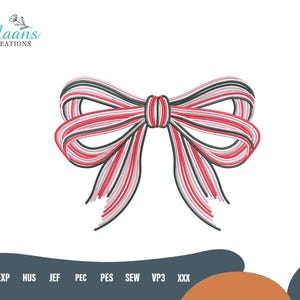 May include: A decorative bow with red, white, and green stripes. The bow is centered on a white background. The logo "Maans Creations" is in the upper left corner. Below the bow are file format abbreviations.
