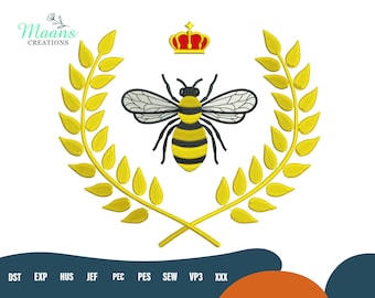 Patrón de bordado de abeja real, diseño de bordado a máquina de abeja coronada, archivo digital botánico vintage para arte en bastidor, descarga instantánea de bordado