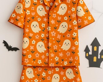 Floral Ghost Shirt und Shorts Set, Kawaii Halloween Pyjamas, gruseliges Outfit für Frauen, Herbst Nachtwäsche, Ghost Lounge Set, Halloween Nachtwäsche
