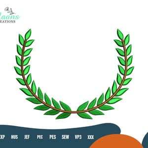 May include: An embroidery design featuring a U-shaped laurel wreath with bright green leaves and brown stems. The text Maans Creations appears at the top left, and the file formats DST, EXP, HUS, JEF, PEC, PES, SEW, VP3, and XXX are listed below.