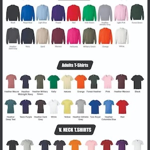 Puede incluir: Un cat&aacute;logo de productos con una variedad de sudaderas, camisetas para adultos y camisetas con cuello en V en varios colores. Las sudaderas incluyen negro, azul real y rojo. Las camisetas incluyen heather mauve, negro y rojo. Las camisetas con cuello en V incluyen negro, azul marino y naranja.