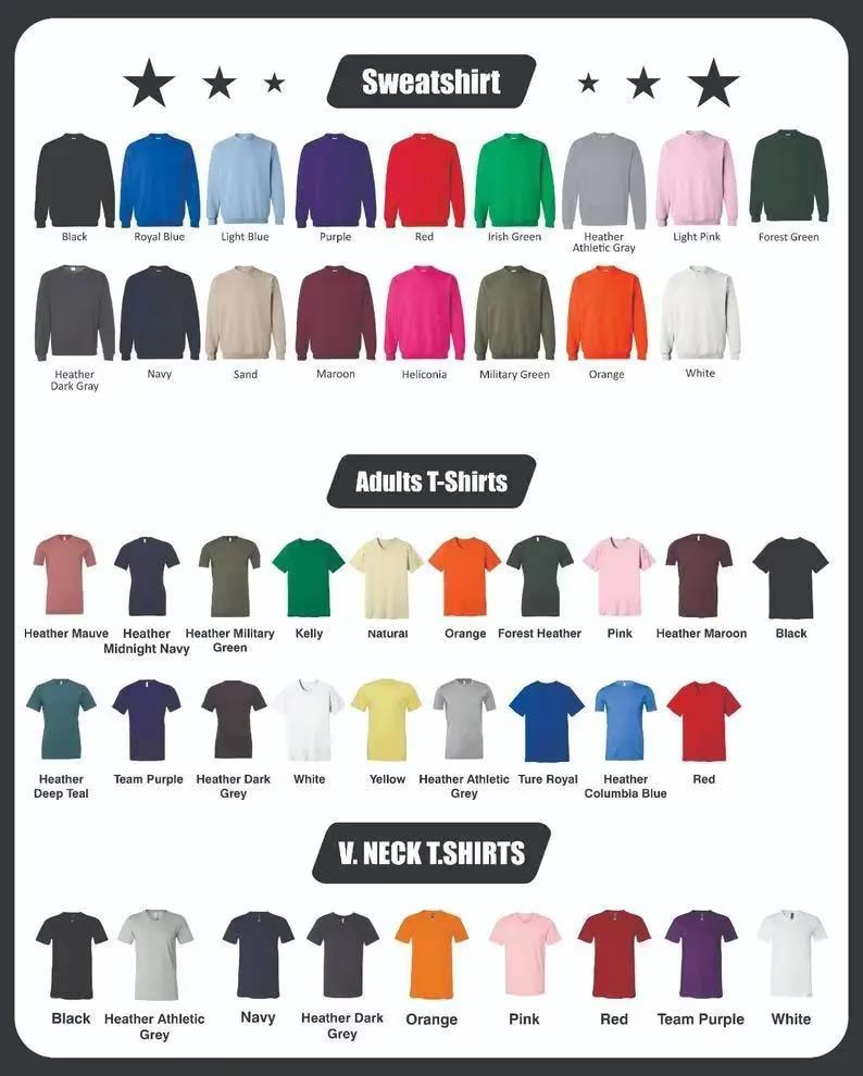 Puede incluir: Un cat&aacute;logo de productos con una variedad de sudaderas, camisetas para adultos y camisetas con cuello en V en varios colores. Las sudaderas incluyen negro, azul real y rojo. Las camisetas incluyen heather mauve, negro y rojo. Las camisetas con cuello en V incluyen negro, azul marino y naranja.