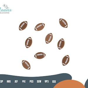 May include: A collection of brown footballs with white stitching, scattered against a white background. The footballs are oval-shaped and appear to be embroidered or appliqued. The image includes the text "Maans Creations" in a teal script.