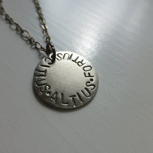 latin phrase necklace, citius altius fortius, faster higher stronger, men women hand stamped latin phrase run running athlete health metal