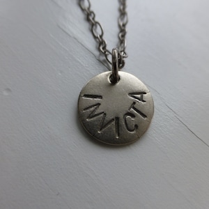 latin, unconquerable, undefeated, Invictus, invicta, metal pendant necklace meaning jewelry graduation gift recovery sobriety survivor
