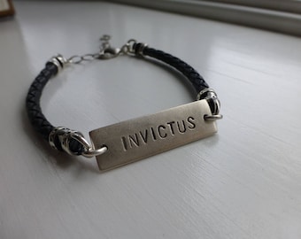 latin hand stamped bracelet for men or women, unconquerable, undefeated inspirational invicta or invictus leather for men or women athlete