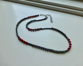 simple women beaded holiday necklace, asymmetrical gemstone hematite black red for her gift high quality made in the USA handmade wonderkath