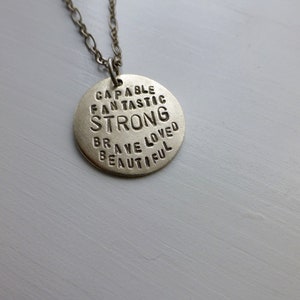 custom word necklace inspirational empowerment necklace strength hope for her or him self jewelry strong word metal stamp capable fantastic