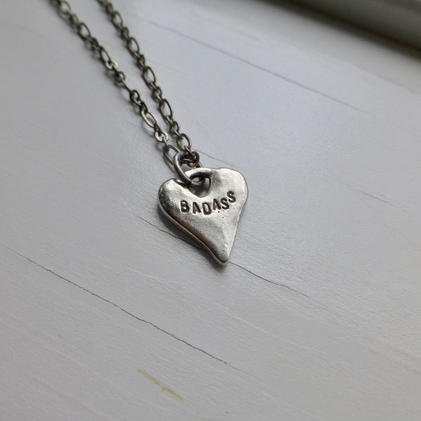 badass necklace hand stamped word heart pendant necklace strong women girl teen chain  jewelry strength encouragement illness cancer fitness