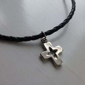 silver cross with black leather, mens silver cross, braided black leather mens jewelry for him fathers day graduation, teen boy, gift