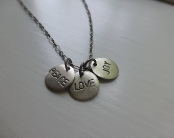 peace, love, joy, hand stamped metal necklace pendants, graduation gift, inspirational saying, high school, encouragement