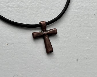 cross necklace, copper, non tarnishing, black leather, boys, girls, men, women, unisex, gift, simple design, Minnesota made, Wonderkath