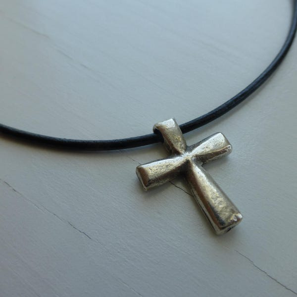 cross leather necklace, boys confirmation gift, girls cross leather necklace, christian leather necklace,  jewelry,  him her gift simple