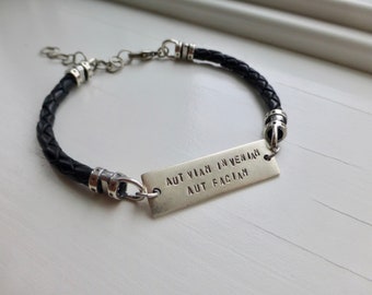 latin phrase hand stamped bracelet, Aut inveniam viam aut faciam is Latin for I shall either find a way or make one, men women tattoo phrase