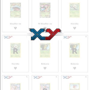 Puede incluir: Una colección de seis cartas coleccionables de Pokémon. Las cartas presentan varios personajes Pokémon, incluyendo "Bisaflor ex", "M Bisaflor ex", "Hornliu" y "Kokuna". Las cartas tienen un diseño colorido con el logo "XY".
