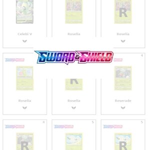 Könnte beinhalten: Eine Sammlung von Pokémon-Sammelkarten mit Celebi V, Roselia, Roserade und Cottonee. Das Logo "SWORD & SHIELD" ist deutlich sichtbar. Die Karten sind auf weißem Hintergrund angeordnet.