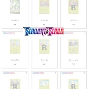 Puede incluir: Una colección de cartas coleccionables de Pokémon, incluyendo Celebi V, Roselia y Roserade. Las cartas presentan varias ilustraciones y el símbolo "R". El logo "Schwert & Schild" también es visible.