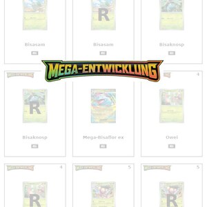 Puede incluir: Se muestran nueve cartas coleccionables de Pokémon con varios personajes y el texto "MEGA-ENTWICKLUNG". Las cartas tienen diferentes diseños y colores, algunas con la letra "R".