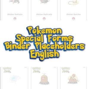 May include: A binder page featuring six Pokemon cards with Alolan forms. The cards display various Pokemon like Rattata, Raticate, Raichu, Ninetales, Diglett, and Dugtrio. The text "Pokemon Special Forms Binder Placeholders English" is also visible.