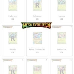 Puede incluir: Se muestran nueve cartas coleccionables de Pokémon, con personajes como Bulbasaur, Ivysaur y Exeggutor. Las cartas tienen un fondo blanco con el logo "Mega Evolution" en la parte superior. Cada carta está numerada y muestra el nombre del Pokémon.