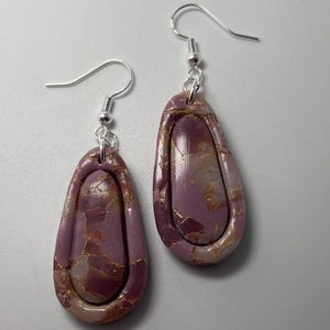 Purple Gold Marble Polymer Clay Earrings: Sterling Silver Dangle, Handmade