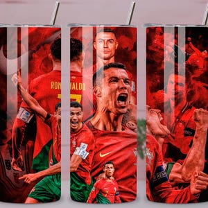 May include: A stainless steel tumbler featuring a collage of a soccer player in a red uniform. The design includes the player's name and images of him in action, set against a red background. Includes a silver straw.