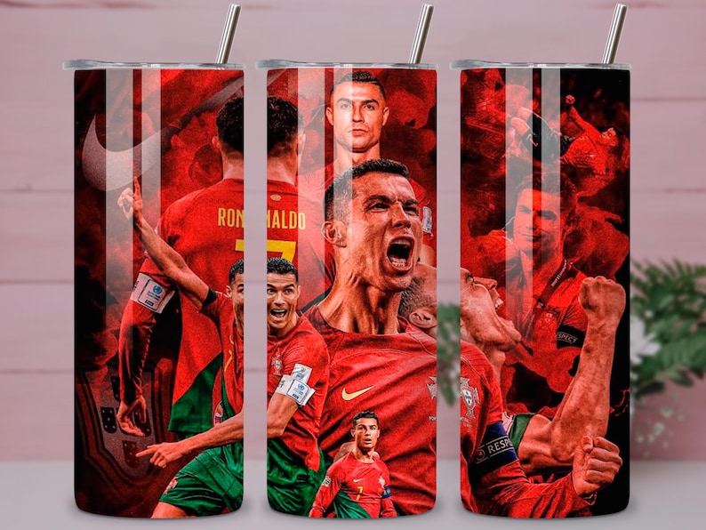 May include: A stainless steel tumbler featuring a collage of a soccer player in a red uniform. The design includes the player's name and images of him in action, set against a red background. Includes a silver straw.
