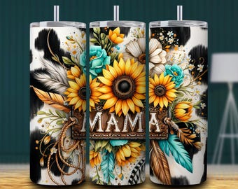 Funda para vaso con estampado de vaca y girasoles, estilo bohemio western (descarga digital)