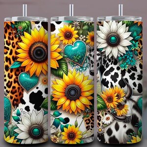 Boho Sunflower Tumbler Wrap PNG, Cowhide Leopard Western Design, 20oz Skinny Sublimation Digital Download
