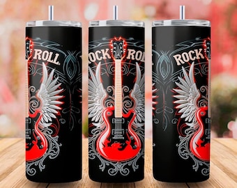 Red Electric Guitar Rock Tumbler Wrap, Silver Wings, Gothic Design (Digital Download)