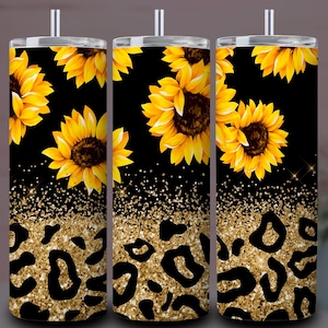 Leopard Sunflower Tumbler Wrap: Black & Gold Glitter PNG (20oz Skinny Tumbler Design)