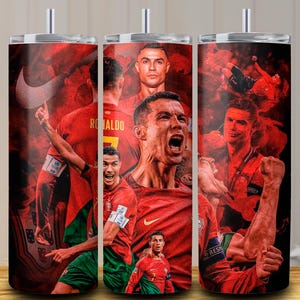 May include: A set of three stainless steel tumblers featuring a red and black design with images of a soccer player. The tumblers have a glossy finish and a silver lid and straw. The design includes the player's image and the Nike logo.