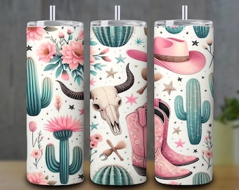Cowgirl Boots Tumbler Wrap PNG, Western Cactus Cow Skull 20oz Skinny Sublimation, Digital Download