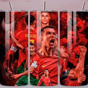 May include: A stainless steel tumbler featuring a collage of images of a soccer player in a red uniform. The design includes action shots and portraits against a red background, with a silver straw.