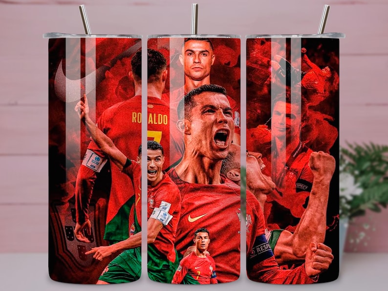 May include: A stainless steel tumbler featuring a collage of images of a soccer player in a red uniform. The design includes action shots and portraits against a red background, with a silver straw.