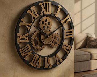 Grote industriële wandklok met bewegende tandwielen, vintage zwart-gouden muurkunst, rustiek decor voor woonkamer, extra grote statementklok