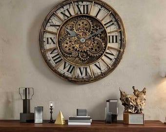 18,1 inch grote industriële steampunk-wandklok | Decor met echte bewegende versnellingen en Romeinse cijfers | Quartz-wandklok voor thuis | Woonkamer | Kantoor:
