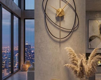 Large Modern Metal Wall Clock, Japandi Geometric Decor, Silent Gold Black Art