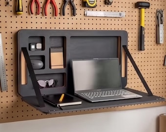 Wall Mounted Folding Desk | Space Saving Murphy Table | Floating Laptop Drop Down Furniture | Minimalist Wood Home Office Desk