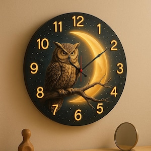 May include: A round wall clock featuring an owl perched on a branch in front of a crescent moon. The clock face is dark blue with gold numerals and hands. The owl is brown and yellow, and the moon glows with a warm light.