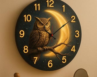 Moonlight Owl Wooden Wall Clock, Celestial Moon Phase Decor, Silent Quartz Art (10 Inch)