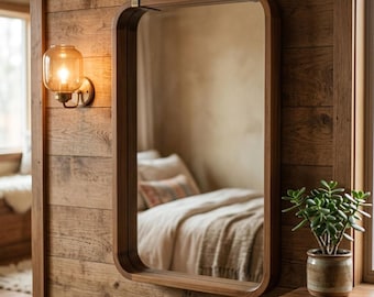 Wood Frame Bathroom Mirror, Handmade Solid Wood Rustic Wall Mirror, Farmhouse Vanity Mirror, Modern Wooden Home Decor, Large Entryway Mirror