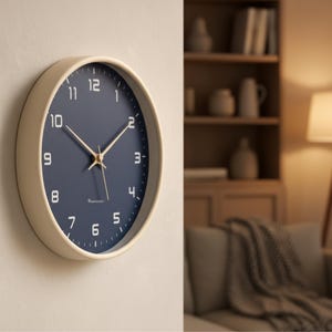 Puede incluir: Un reloj de pared redondo con marco crema y esfera azul marino. El reloj tiene manecillas doradas y números blancos. Está montado en una pared clara, ideal para la decoración del hogar.