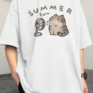 Camiseta feminina de verão com estampa de gato fofo e divertido, manga curta, solta, casual, meia manga, macia