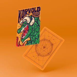 May include: Two orange-coloured trading card sleeves. One sleeve features a green dragon illustration with the text "Korvold Trigger". The other sleeve has a circular design with a symbol in the centre.