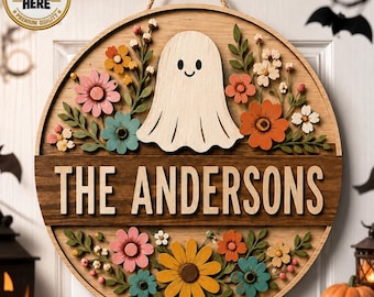 Custom Ghost Family Name Sign, Cute Halloween Door Hanger, Floral Ghost Wooden Sign, Fall Front Door Decor, Personalized Family Gift