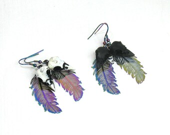 HANDCAST RAINBOW food safe resin skull fly feather dangle earrings