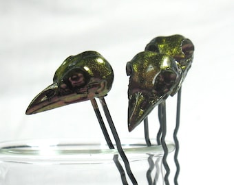 FIRE POLISHED set of 3 bird skull hair pins